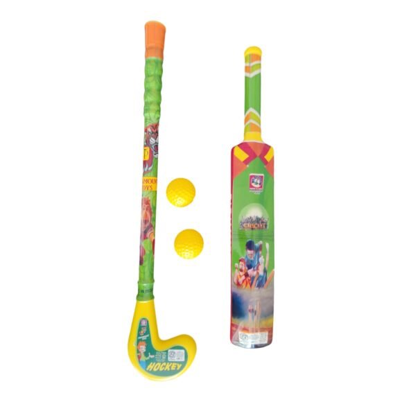 Kart In Box - Cricket Kit For Kids - Plastic Bat For Kids - Hockey Bat - Hockey Sticks - Bat Ball Kit - Unharmful & Hollow (2 Ball 1 Bat 1 Hockey Stick)