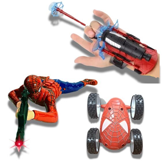 Kart In Box - Bundle Pack - spiderman web shooter - Crawling Spiderman - Spiderman Pull Back Car - Spiderman Glove - Spiderman Toys (Pack of 4)