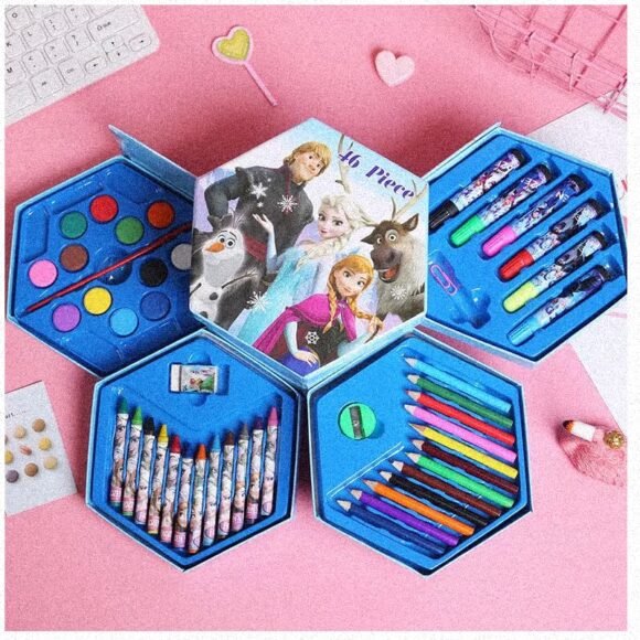Kart In Box - 46 Piece Art Set: 12 Color Pencils, 12 Wax Crayons, 6 Felt Pens, 12 Watercolors, Brush, Eraser, Sharpener, Glue (Frozen)