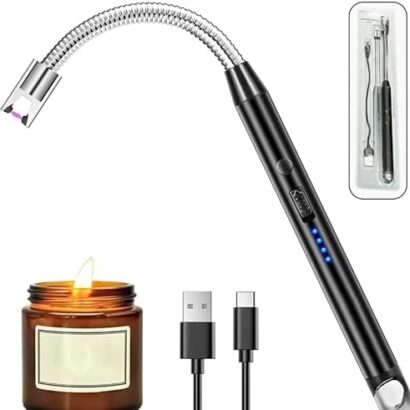 Rechargeable Gas Lighter for Kitchen, USB Electric Lighter with Flame, Arc & Plasma Flameless Windproof Lighters for Candles, Gas Stove with 360° Flexible Neck